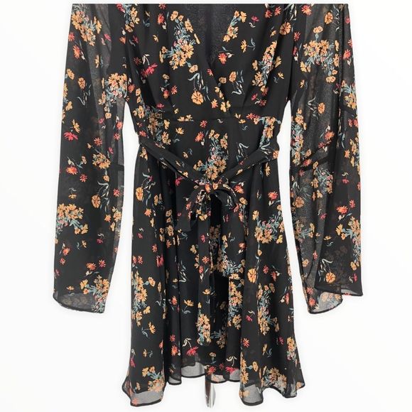 Free People Lilou Black Floral Print Mini Dress Belted Long Bell Sleeves - Picture 6 of 11